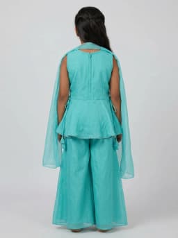 Girls Turquoise Blue Embroidered Peplum Kurti with Sharara Pants and Dupatta Set