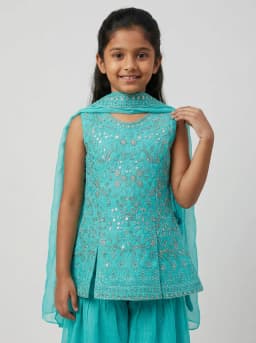 Girls Turquoise Blue Embroidered Peplum Kurti with Sharara Pants and Dupatta Set
