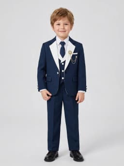 Boys Navy Blue 5-Piece Formal Tuxedo Suit Set with Blazer, Waistcoat, Shirt, Trousers and Tie