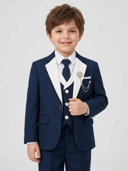 Boys Navy Blue 5-Piece Formal Tuxedo Suit Set with Blazer, Waistcoat, Shirt, Trousers and Tie