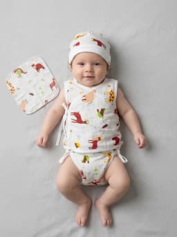 Newborn White Animal Print 5-Piece Cotton Jhabla and Nappies Set