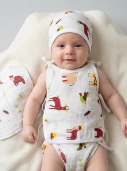 Newborn White Animal Print 5-Piece Cotton Jhabla and Nappies Set