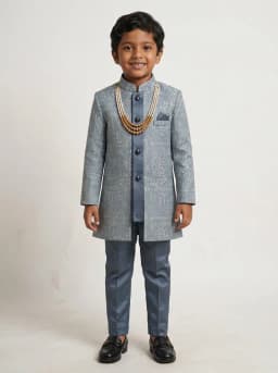 Boys Dusty Blue Jacquard Indo Western Sherwani and Trouser Set with Mala