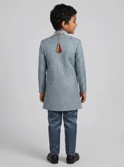 Boys Dusty Blue Jacquard Indo Western Sherwani and Trouser Set with Mala