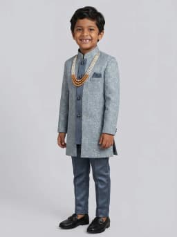 Boys Dusty Blue Jacquard Indo Western Sherwani and Trouser Set with Mala