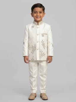 Boys Off-White Embroidered Indo-Western Sherwani and Trousers Set