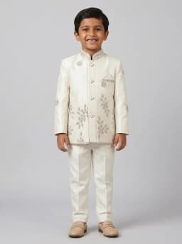 Boys Off-White Embroidered Indo-Western Sherwani and Trousers Set