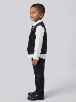 Boys 4-Piece Formal Suit Set with Textured Black Waistcoat, White Shirt and Trousers