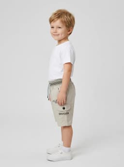 Boys Light Beige Cargo Shorts with Striped Ribbed Waistband