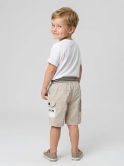 Boys Light Beige Cargo Shorts with Striped Ribbed Waistband