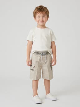 Boys Light Beige Cargo Shorts with Striped Ribbed Waistband