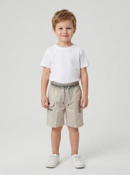 Boys Light Beige Cargo Shorts with Striped Ribbed Waistband