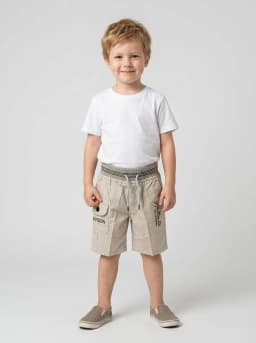 Boys Light Beige Cargo Shorts with Striped Ribbed Waistband