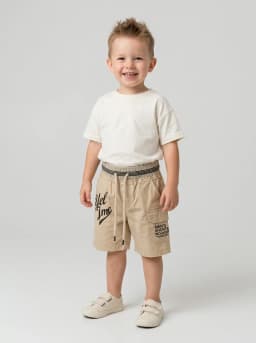 Boys Beige Printed Cargo Shorts with Striped Ribbed Waistband