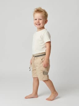 Boys Beige Printed Cargo Shorts with Striped Ribbed Waistband