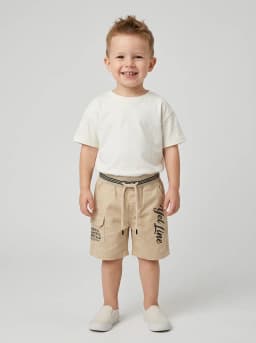 Boys Beige Printed Cargo Shorts with Striped Ribbed Waistband