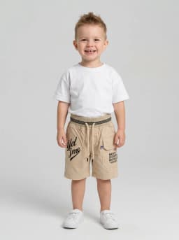 Boys Beige Printed Cargo Shorts with Striped Ribbed Waistband