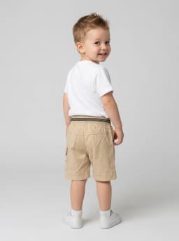 Boys Beige Printed Cargo Shorts with Striped Ribbed Waistband