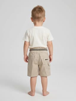 Boys Beige Drawstring Cargo Shorts with Striped Waistband