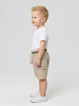 Boys Beige Drawstring Cargo Shorts with Striped Waistband