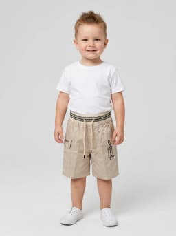 Boys Beige Drawstring Cargo Shorts with Striped Waistband