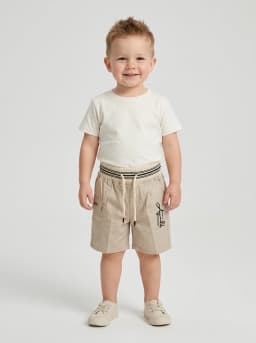 Boys Beige Drawstring Cargo Shorts with Striped Waistband