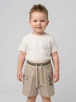 Boys Beige Drawstring Cargo Shorts with Striped Waistband