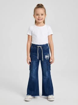 Girls Dark Blue Washed Denim Flared Cargo Jeans