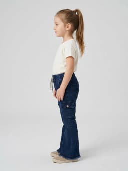 Girls Dark Blue Washed Denim Flared Cargo Jeans