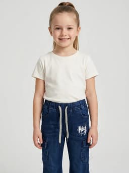 Girls Dark Blue Washed Denim Flared Cargo Jeans