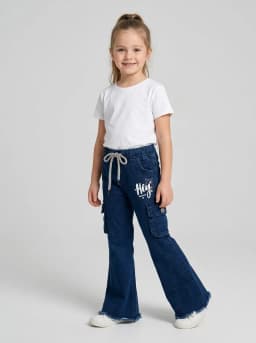 Girls Dark Blue Washed Denim Flared Cargo Jeans