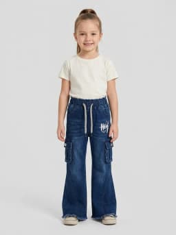 Girls Dark Blue Washed Denim Flared Cargo Jeans