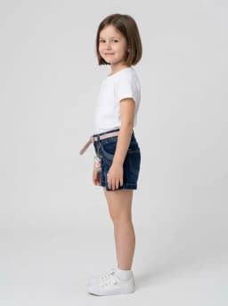 Girls Dark Blue Washed Denim Shorts with Blush Pink Belt