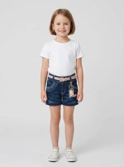 Girls Dark Blue Washed Denim Shorts with Blush Pink Belt