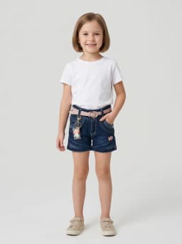 Girls Dark Blue Washed Denim Shorts with Blush Pink Belt