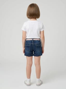 Girls Dark Blue Washed Denim Shorts with Blush Pink Belt