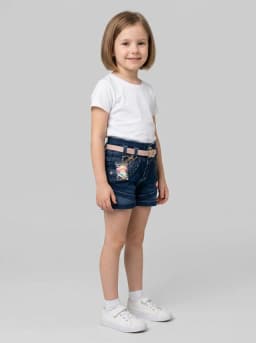 Girls Dark Blue Washed Denim Shorts with Blush Pink Belt
