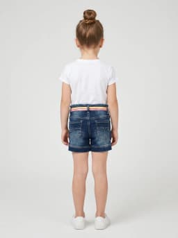 Girls Dark Blue Washed Denim Shorts with Dual Pink and Yellow Belt