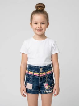 Girls Dark Blue Washed Denim Shorts with Dual Pink and Yellow Belt