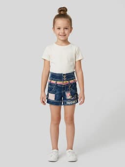 Girls Dark Blue Washed Denim Shorts with Dual Pink and Yellow Belt