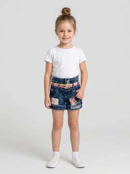 Girls Dark Blue Washed Denim Shorts with Dual Pink and Yellow Belt