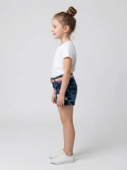 Girls Dark Blue Washed Denim Shorts with Dual Pink and Yellow Belt