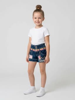 Girls Dark Blue Washed Denim Shorts with Dual Pink and Yellow Belt