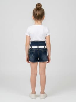 Girls Dark Blue Washed High-Waist Denim Shorts with White Belt