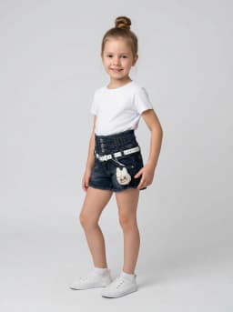 Girls Dark Blue Washed High-Waist Denim Shorts with White Belt