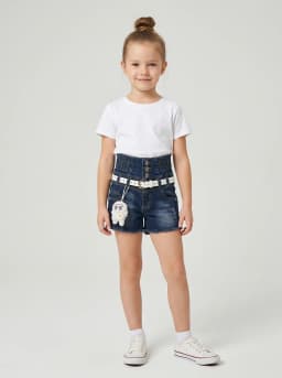 Girls Dark Blue Washed High-Waist Denim Shorts with White Belt