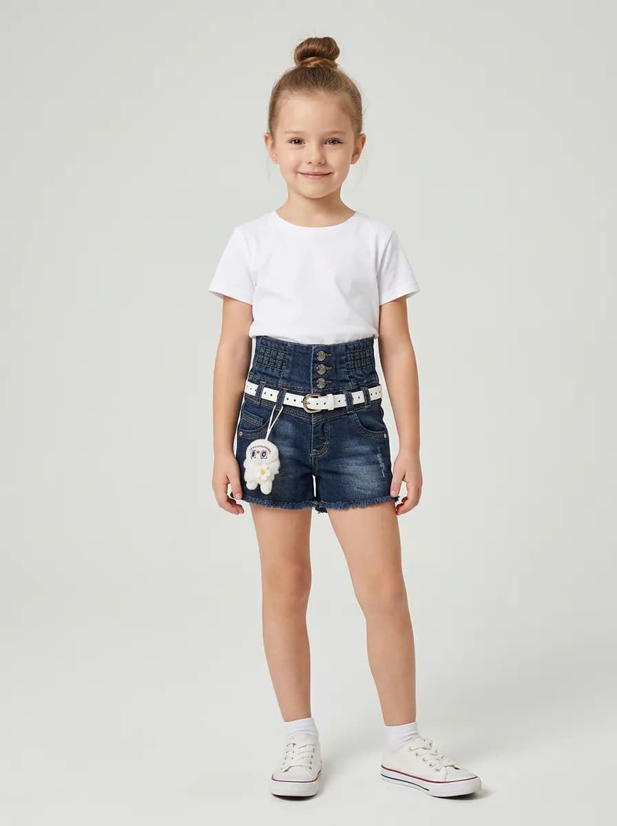Girls Dark Blue Washed High-Waist Denim Shorts with White Belt