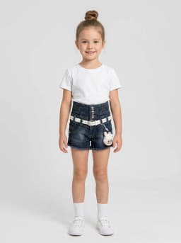 Girls Dark Blue Washed High-Waist Denim Shorts with White Belt