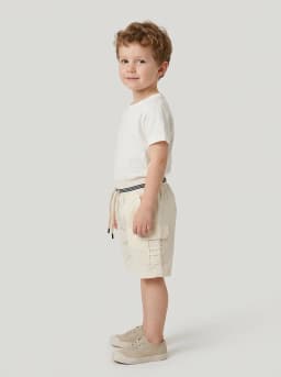Boys Off-White Drawstring Cargo Shorts with Striped Waistband