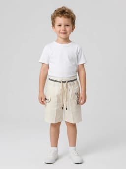 Boys Off-White Drawstring Cargo Shorts with Striped Waistband
